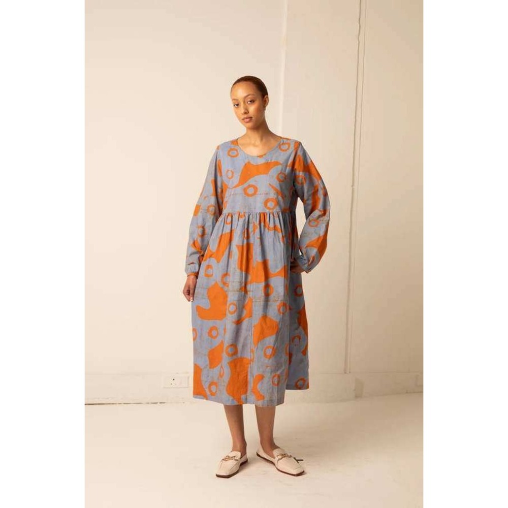 Osei Duro XL Organic Cotton Hand Dyed Batik Long Sleeve Empire Waist Midi Dress